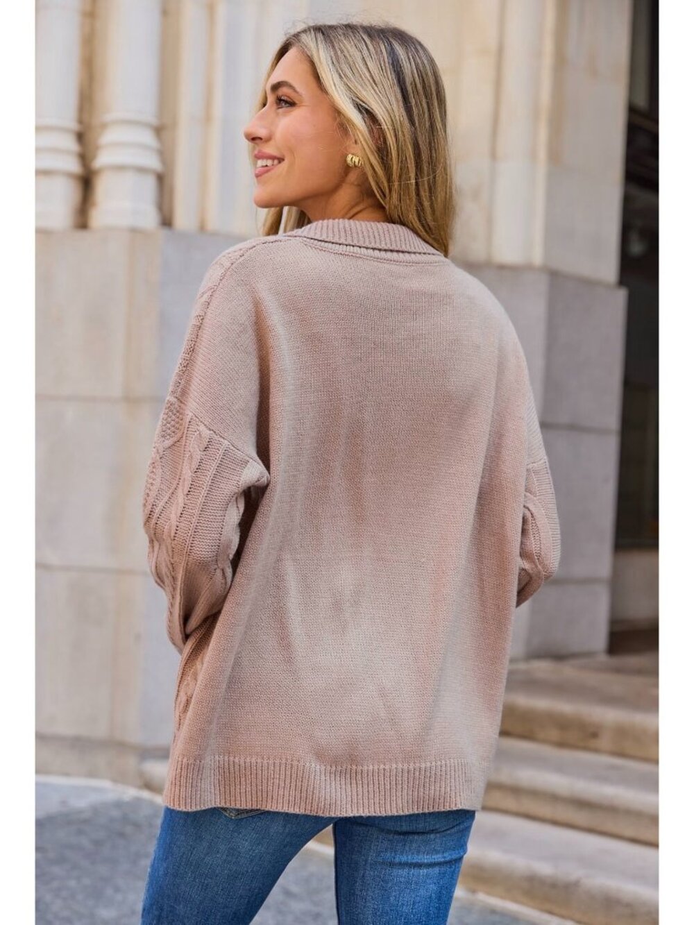 NWT Cupshe Rose Sand Collared Long Sleeve Cable Knit Jumper - Size: Extra Large - Picture 7 of 10